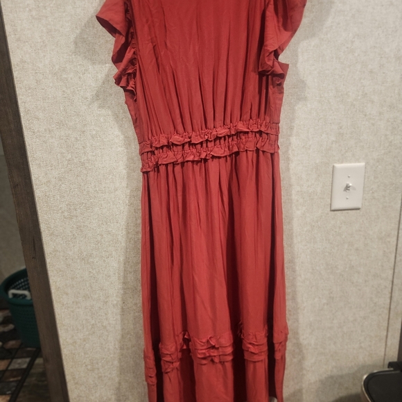 J Jill Red LENZING™ Ecovero™ Viscose Midi Dress Size Small Ruffle Waist Flutter - Picture 6 of 8